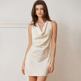 Elegant Ivory Cowl Neck Silk Mini Dress Short Silk Dress Ivory XS