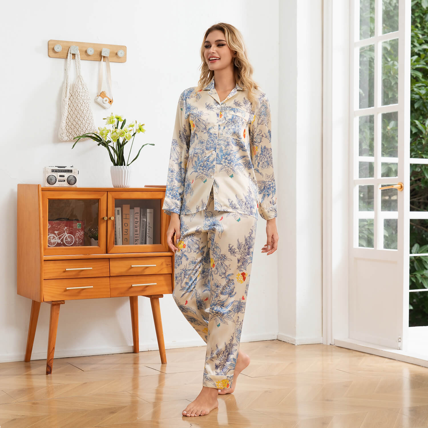 Floral Print Silk Pajama Set Button Down Silk Pajamas for Women Sleepwear Silk Set