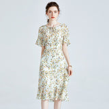 Floral pure silk Dress For womens Short Sleeve Summer Party Silk Dress