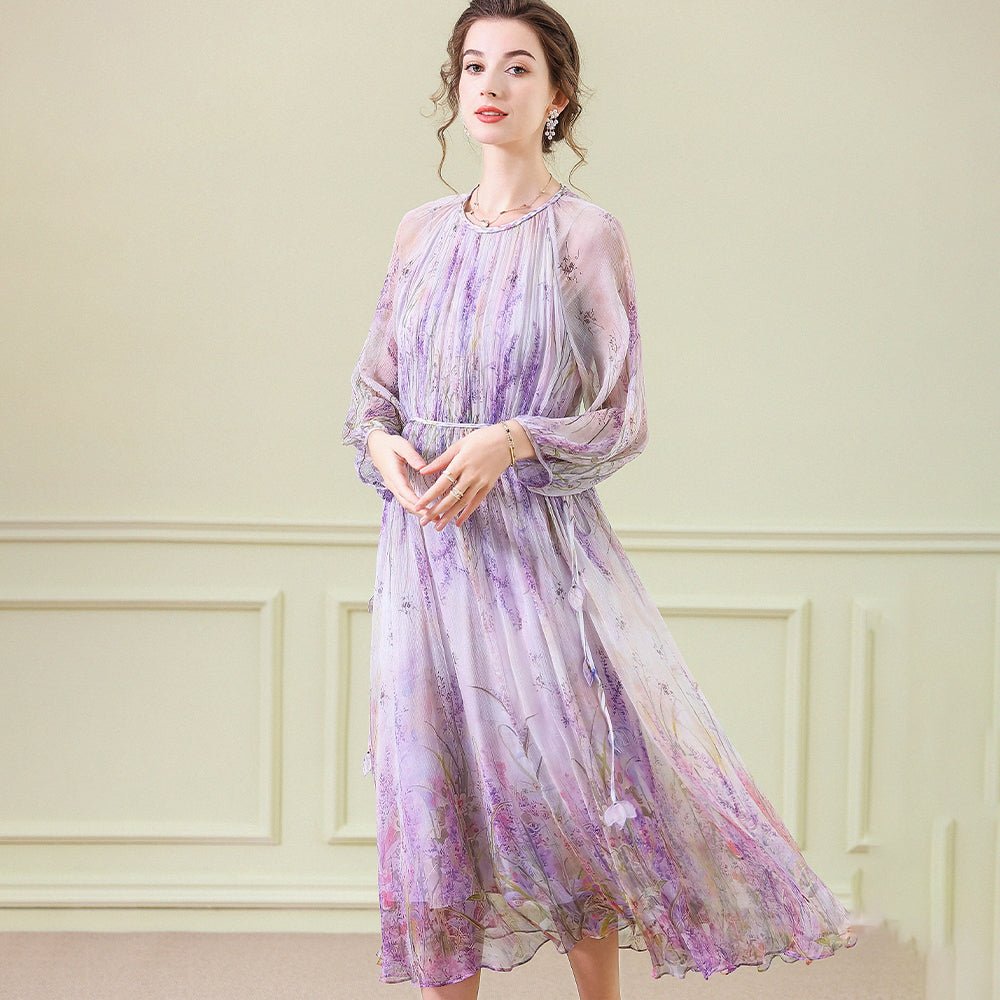 Floral Silk Midi Dress with Sheer Long Sleeves Silk Dresses for Women Lavender XS