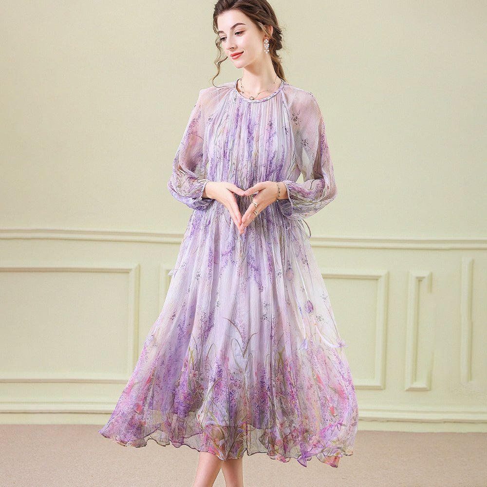 Floral Silk Midi Dress with Sheer Long Sleeves Silk Dresses for Women Lavender XS