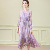 Floral Silk Midi Dress with Sheer Long Sleeves Silk Dresses for Women Lavender XS
