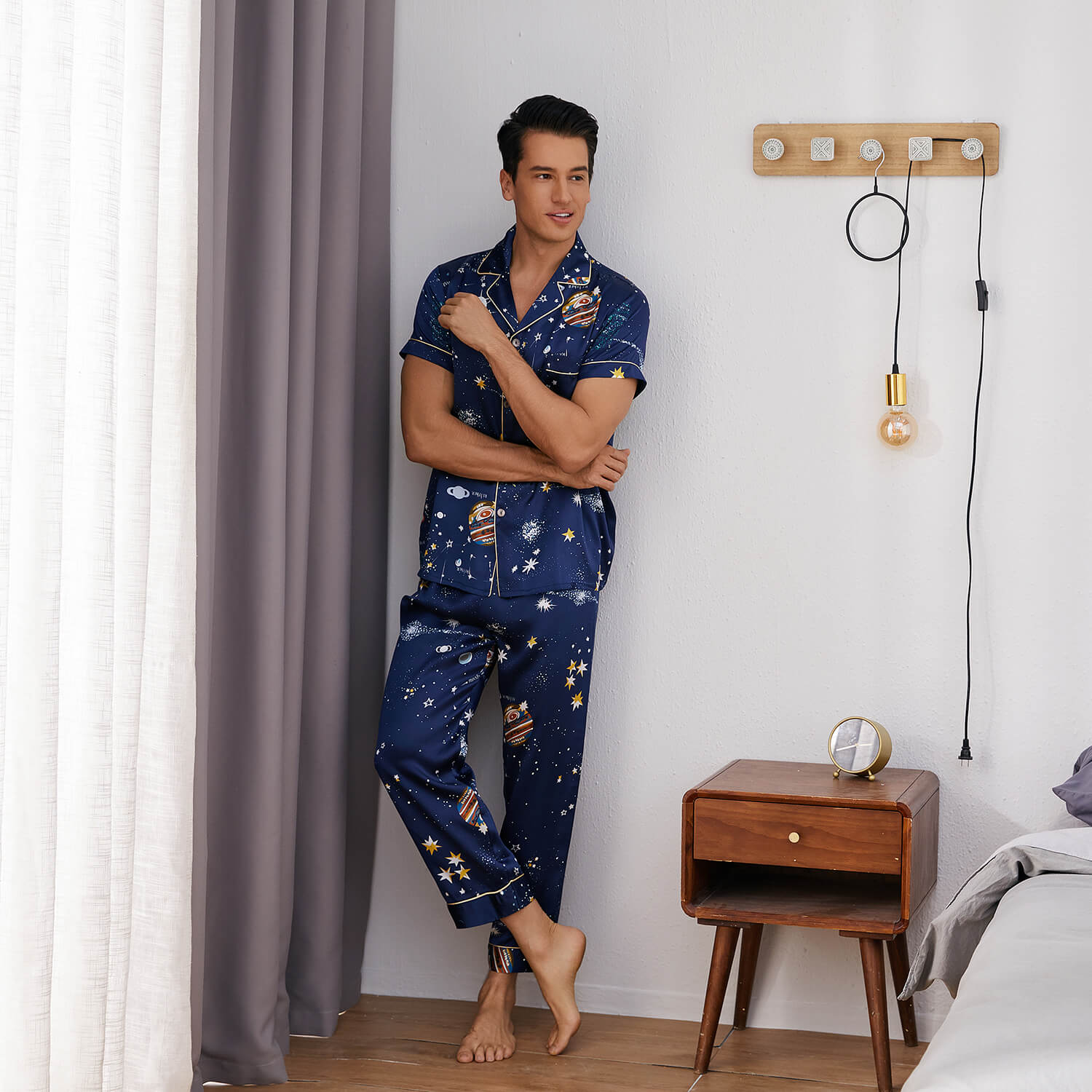 Galaxy Printed Silk Pajama Set For Mens Luxury Silk Nightwear