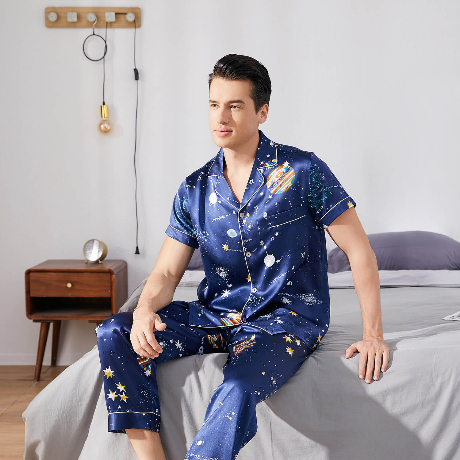 Galaxy Printed Silk Pajama Set For Mens Luxury Silk Nightwear