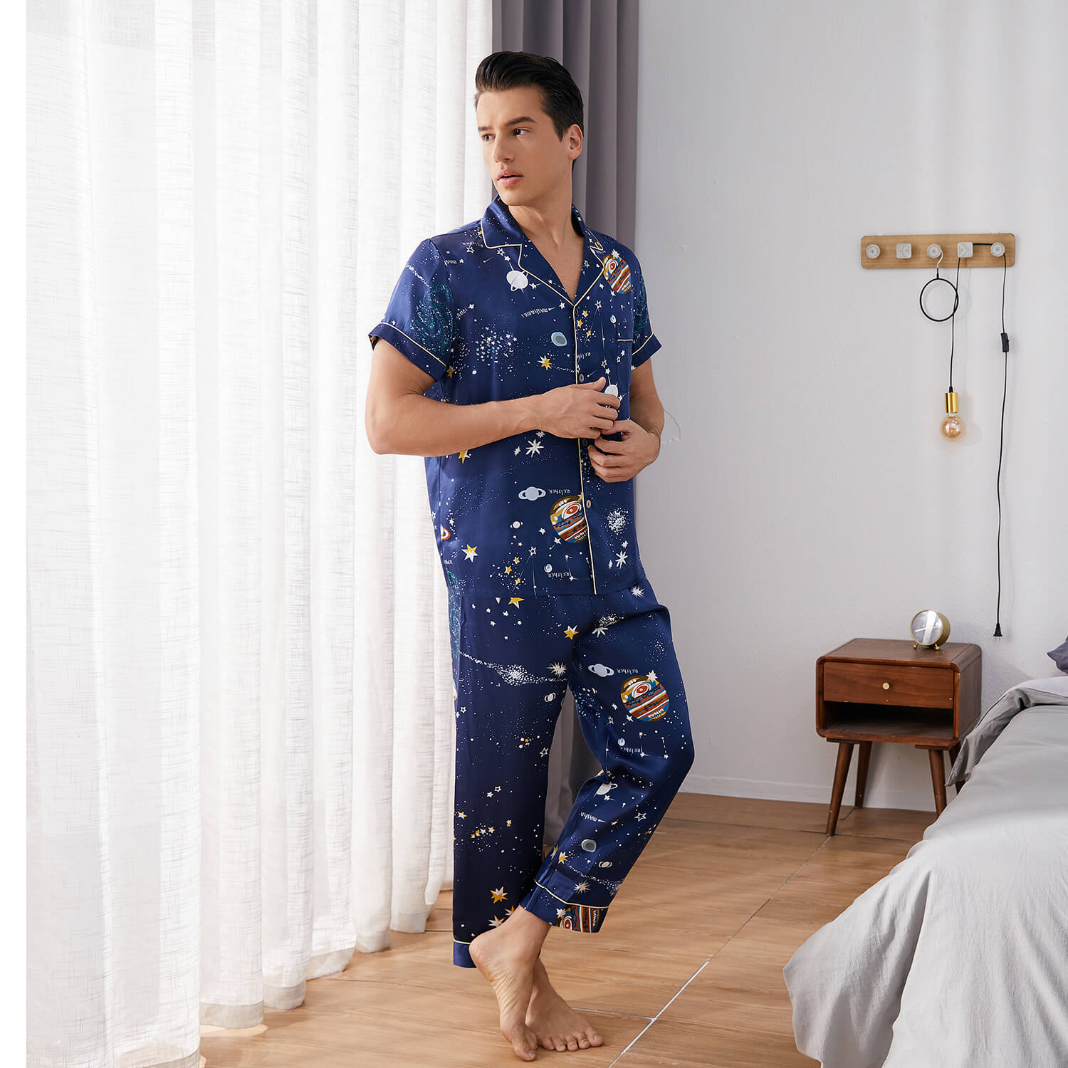 Galaxy Printed Silk Pajama Set For Mens Luxury Silk Nightwear