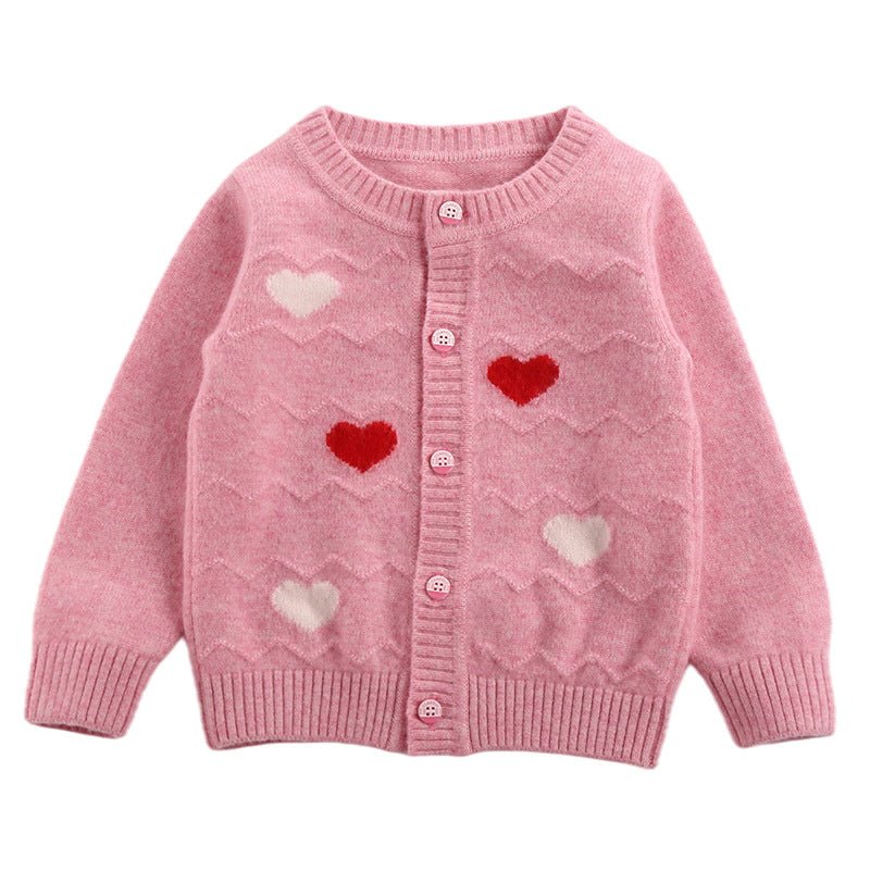Girls Cashmere Cardigan Heart Pattern Kids Button Front Cashmere Sweater Pink 90