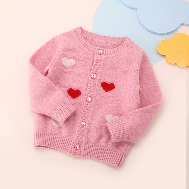 Girls Cashmere Cardigan Heart Pattern Kids Button Front Cashmere Sweater Pink 90