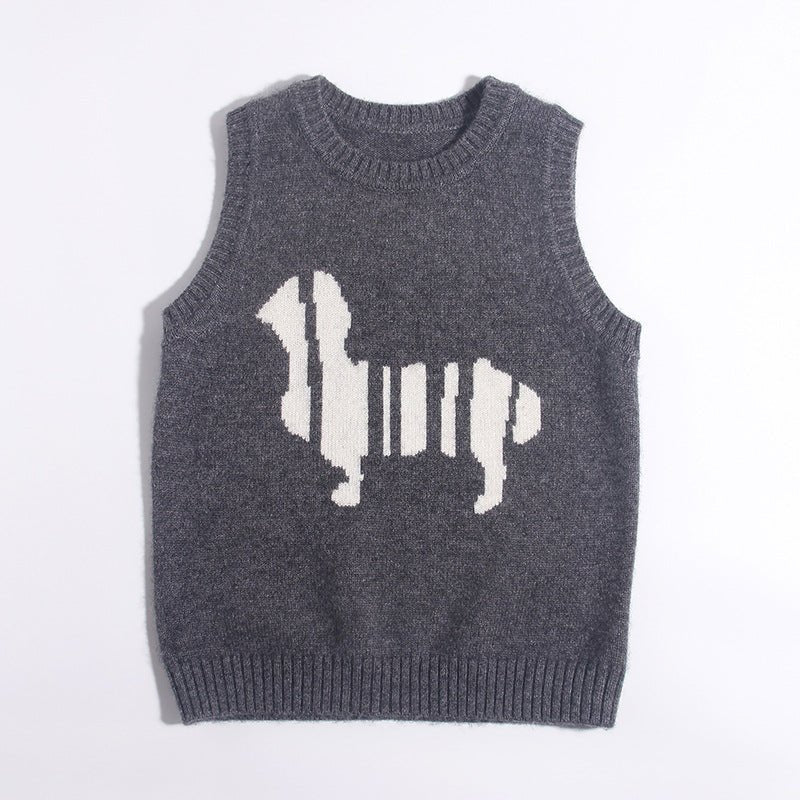 Kids 100% Cashmere Sweater Vest Abstract Dog Pattern Cashmere Knit Pullover Grey 80