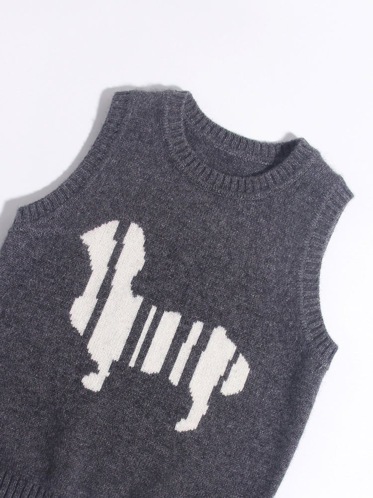 Kids 100% Cashmere Sweater Vest Abstract Dog Pattern Cashmere Knit Pullover Grey 80