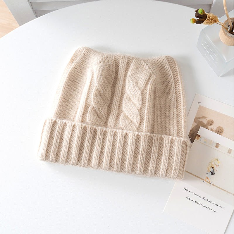 Kids Cable Knit Cashmere Beanie Ribbing Hem Cashmere Hat for Boys and Girls Beige S