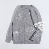 Kids Cashmere Cardigan Animal Embroidery Stripe Sleeve Cashmere Sweater