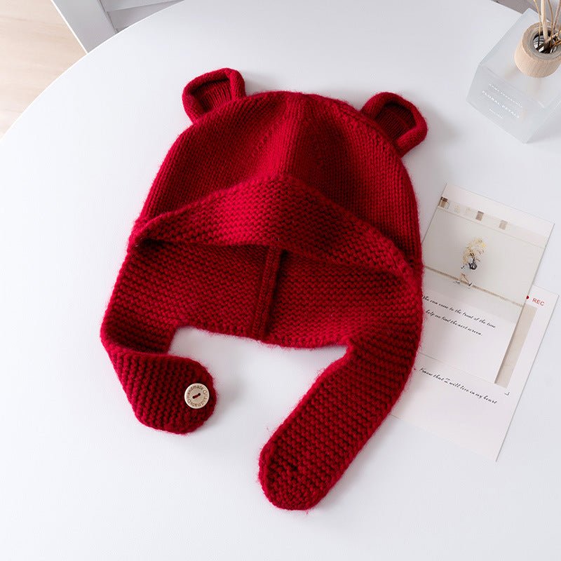 Kids Cashmere Knit Hat with Button Strap Bear Ear Cashmere Beanie