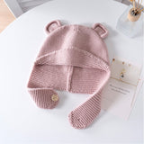 Kids Cashmere Knit Hat with Button Strap Bear Ear Cashmere Beanie