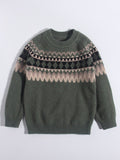 Kids Cashmere Sweater Nordic Fair Isle Pattern Crew Neck Cashmere Pullover Green 80