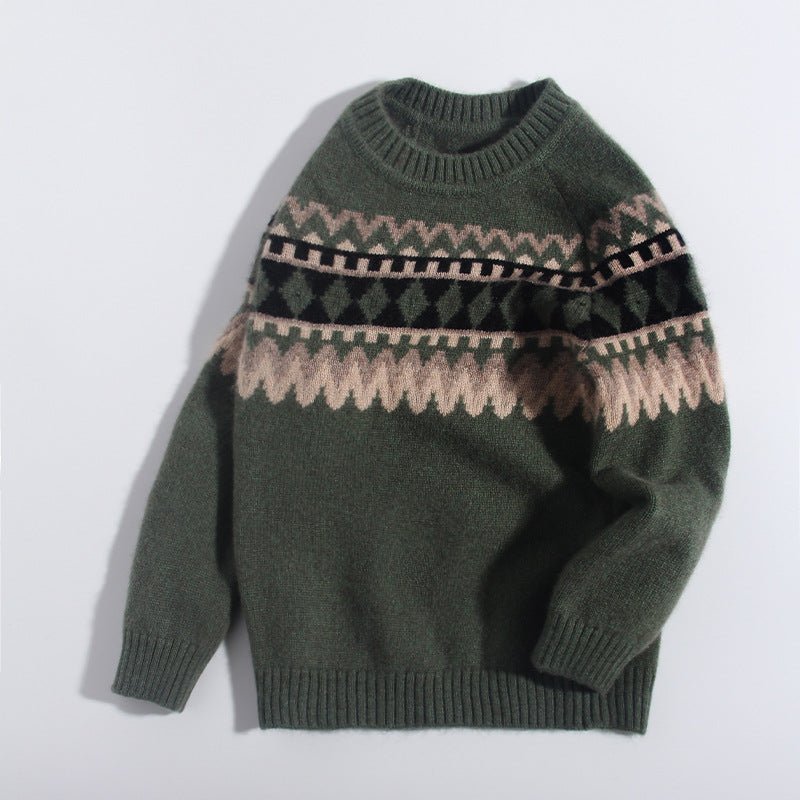 Kids Cashmere Sweater Nordic Fair Isle Pattern Crew Neck Cashmere Pullover Green 80