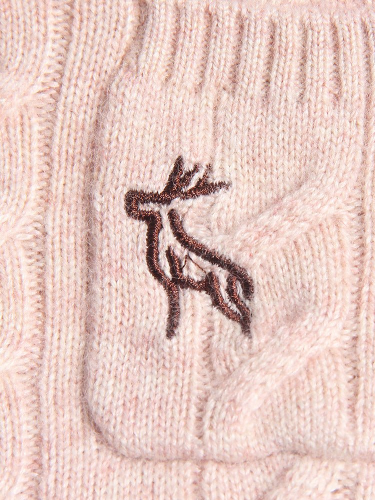 Kids Chunky Cable Knit Cashmere Sweater with Pocket Deer Embroidery Cashmere Pullover Beige 80