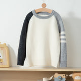 Kids Pure Cashmere Color Block Sweater Long Sleeve Soft Knit Pullover Gray 100