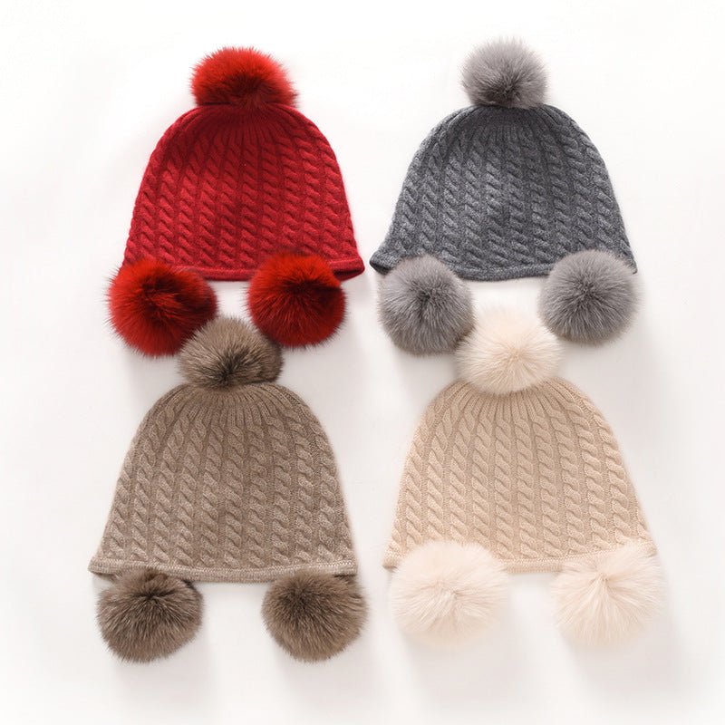 Kids Cute Cashmere Beanie with Real Fur Poms Knit Cashmere Hat