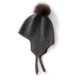 Kids Ribbed Cashmere Hat with Earflaps and Fluffy Pom Cashmere Knit Cap