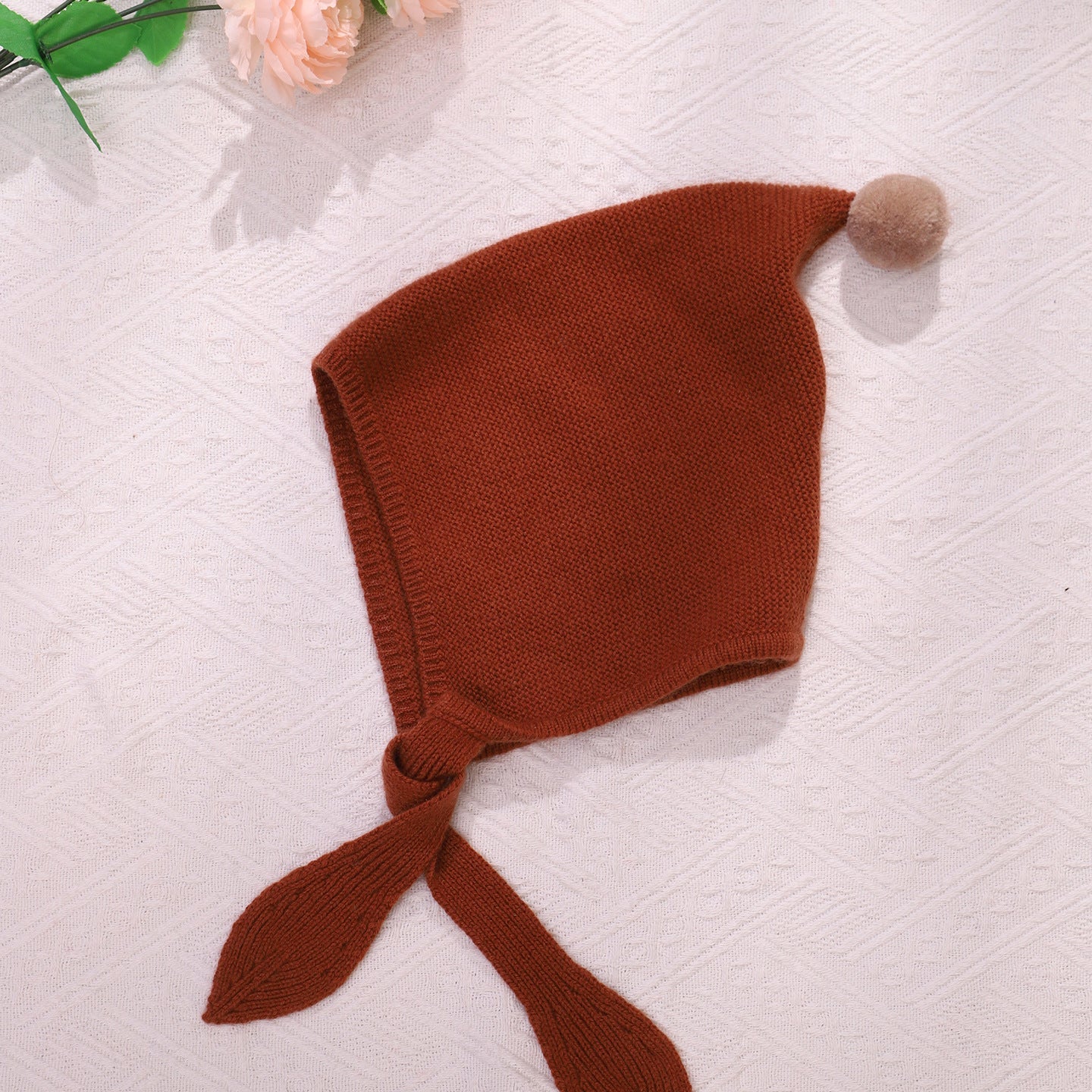 Kids Tie Cashmere Beanie Knit Elf Cashmere Hats with Pom Pom Brown S