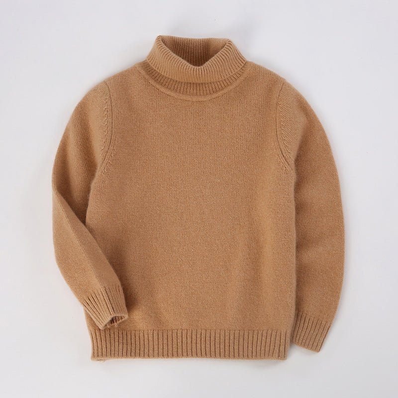 Kids Turtleneck Cashmere Sweater Long Sleeve Cashmere Pullover Ribbing Hem Camel 90