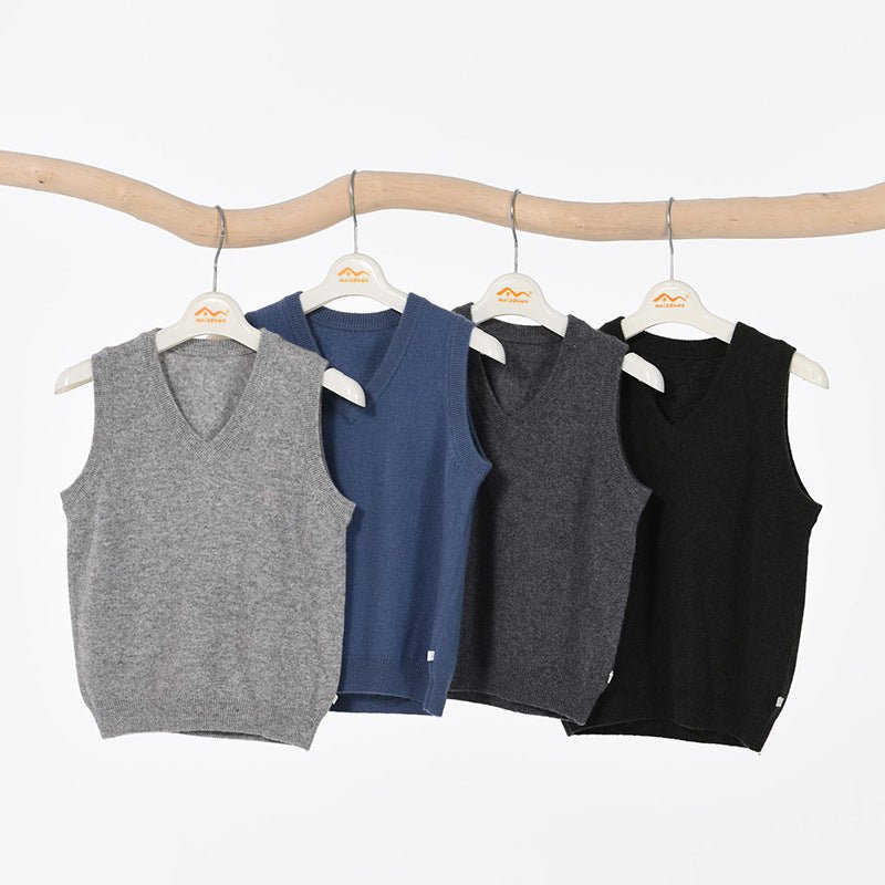 Kids V Neck Cashmere Sweater Sleeveless Cashmere Vest Ribbing Hem Blue 80