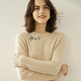 Lady Crew Neck Cashmere Sweater With Embroidered Contrast Stitch Trim