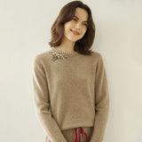 Lady Crew Neck Cashmere Sweater With Embroidered Contrast Stitch Trim