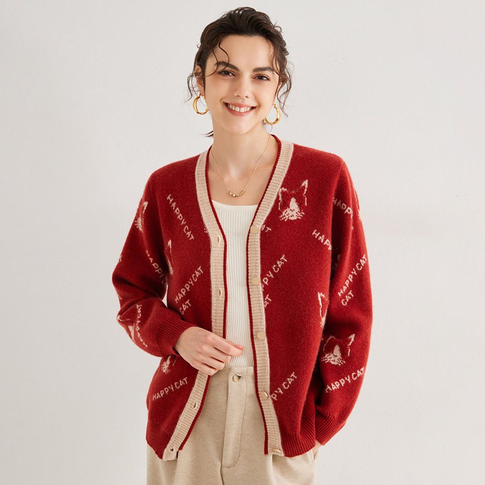 Lady Jacquard Knit Cashmere Cardigan Cat Pattern V Neck Cashmere Coat