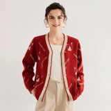 Lady Jacquard Knit Cashmere Cardigan Cat Pattern V Neck Cashmere Coat