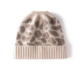 Leopard Jacquard Cashmere Beanie for Women Rib Knit Cashmere Hat