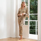 Leopard Print Silk Pajama Set Long Sleeve Button Down Silk Two Piece Set