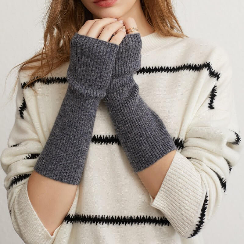 Long Fingerless Gloves Cashmere Ribbed Knit Gloves Wrist Protection Gray M