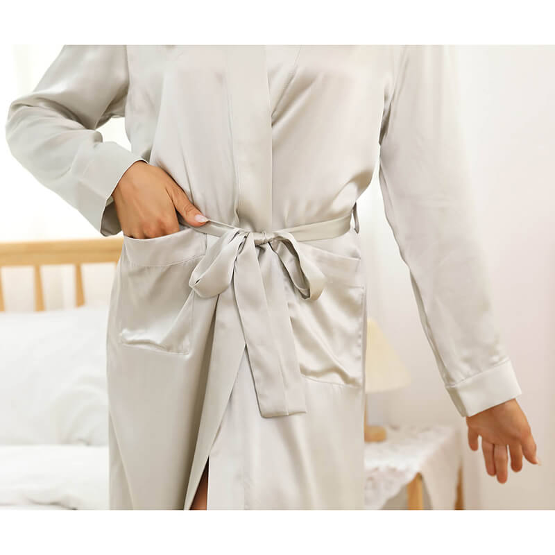 Long Mulberry Silk Robe Luxury 100% Silk Bathrobe Silver Gray XS