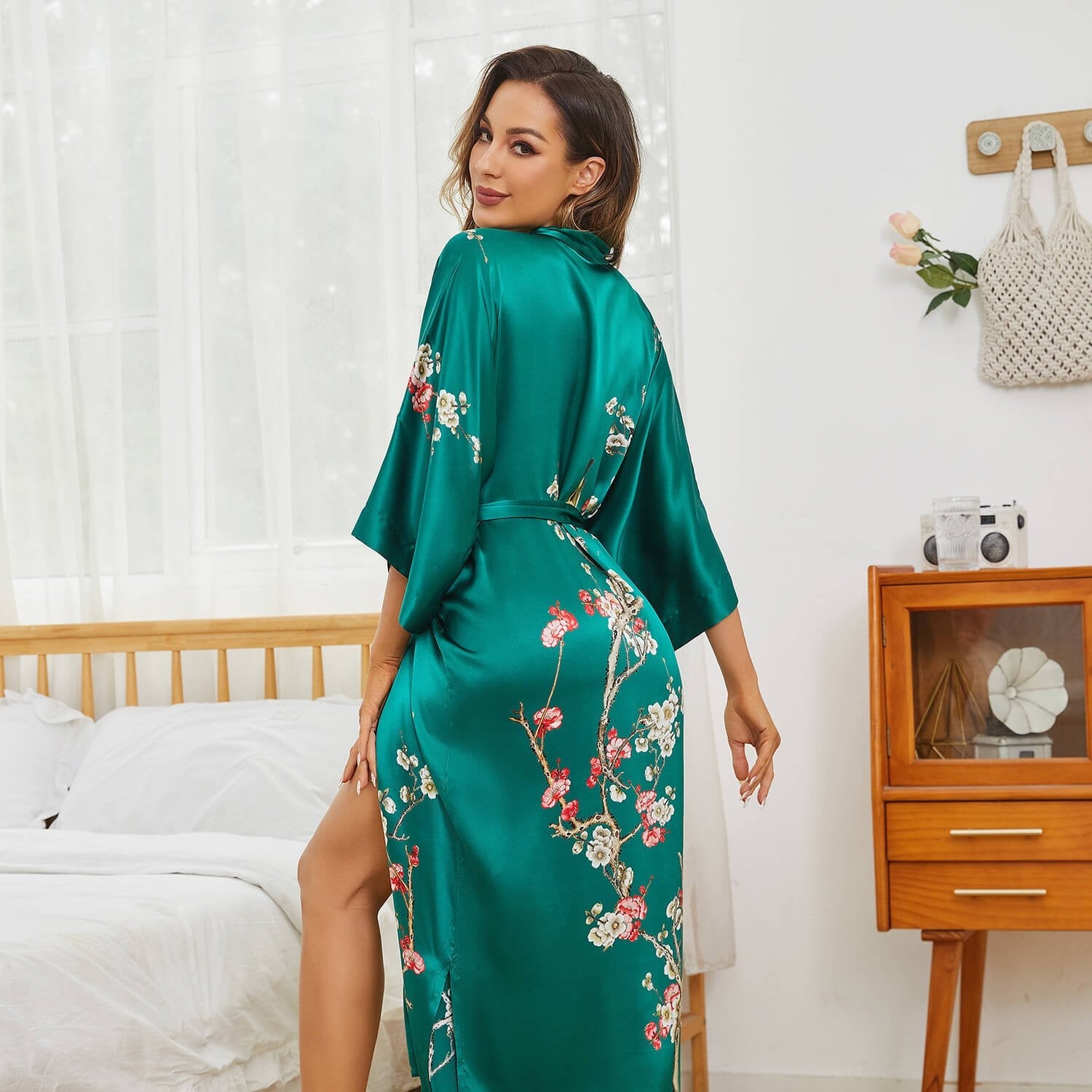 Long Silk Kimono For Women Cherry Blossom Printing Silk Robe