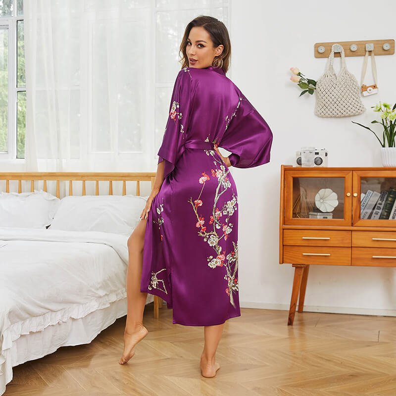 Long Silk Kimono For Women Cherry Blossom Printing Silk Robe Dark Teal One size fits most