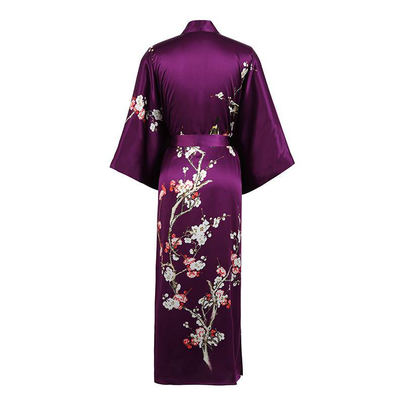 Long Silk Kimono For Women Cherry Blossom Printing Silk Robe