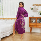 Long Silk Kimono For Women Cherry Blossom Printing Silk Robe