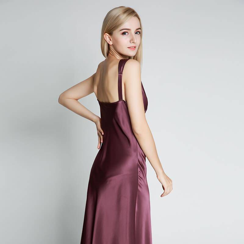 Long Silk Nightgown For Women Wide Strap V Neck Silk Nightdress