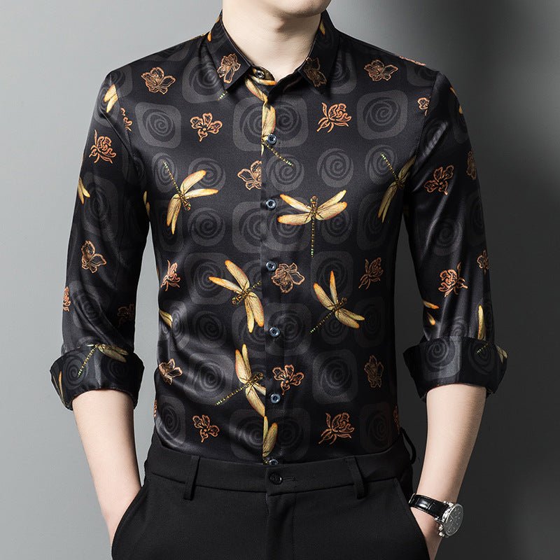 Long Sleeve Silk Shirts for Men Silk Dragonfly Print Dress Shirt