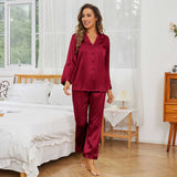 Classic Silk Pajama Set Long Sleeve Silk Pajamas for Women Pink Silk Pajamas Claret XS