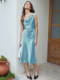 Luxury Silk Dresses Cowl Neck Sleeveless Silk Midi Dress