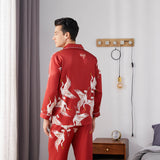 Men Crane Print Long Silk Pajamas Set Pure Silk Sleepwear