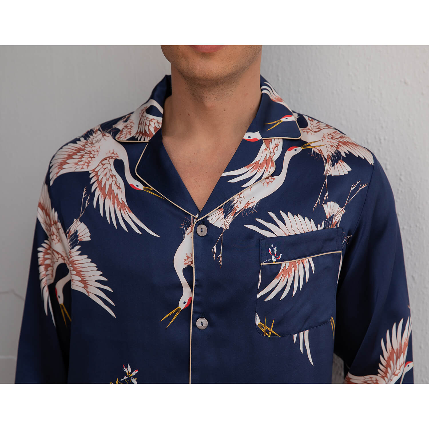 Men Crane Print Long Silk Pajamas Set Pure Silk Sleepwear