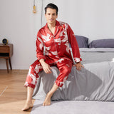 Men Crane Print Long Silk Pajamas Set Pure Silk Sleepwear