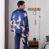 Men Crane Print Long Silk Pajamas Set Pure Silk Sleepwear