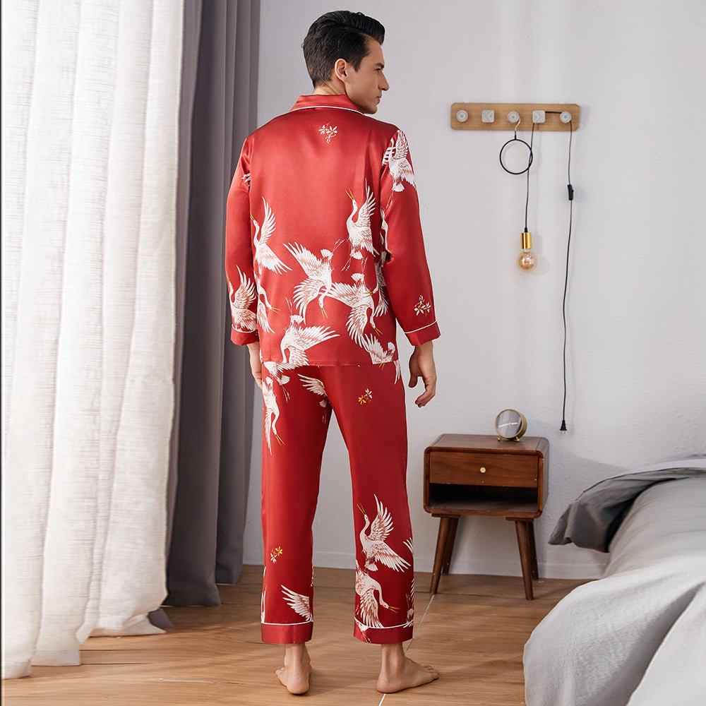 Men Crane Print Long Silk Pajamas Set Pure Silk Sleepwear