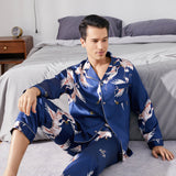 Men Crane Print Long Silk Pajamas Set Pure Silk Sleepwear