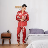 Men Crane Print Long Silk Pajamas Set Pure Silk Sleepwear