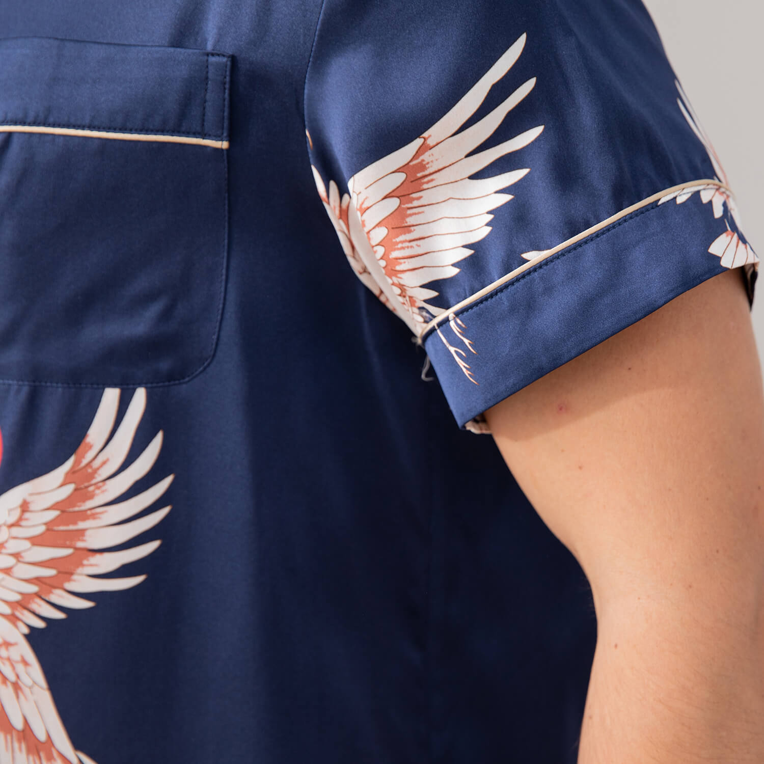 Mens Crane Print Silk Pajama Set 100% Mulberry Silk Sleepwear